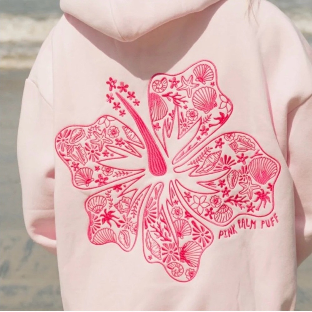 UPDATED: Large Pink Palm Puff Hoodie, w/ Box and Bag, in Blush Hawaii Hibiscus